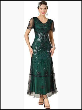 Flapper Dress Sequin Beaded V-Neck Maxi Evening Gown 1920s Retro Elegant